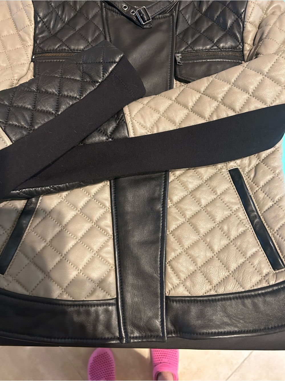 BCBGMAXAZRIA Mossy-Beige Lamb Leather Quilted Moto Jacket, Ladies XS - Picture 11 of 16